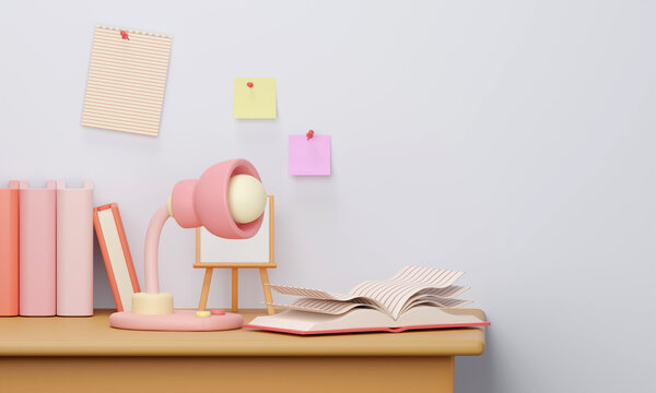 School desk with education accessories, lamp and notebook 3d render illustration.