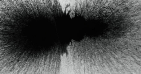 Black ink splash texture. Wet dye stain. Ripped edge overlay. Paint fluid spatter on white rough grain paper abstract background with defocused motion blur.