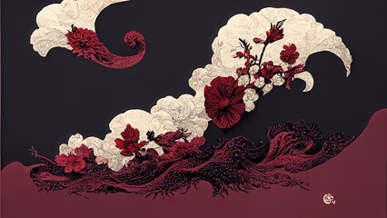 Abstract chinese, japanese ink calligraphy painting. Black and red abstract illustration painted with brush. Red flowers, black wave, cherry blossom on chinese paper. 4K background, wallpaper