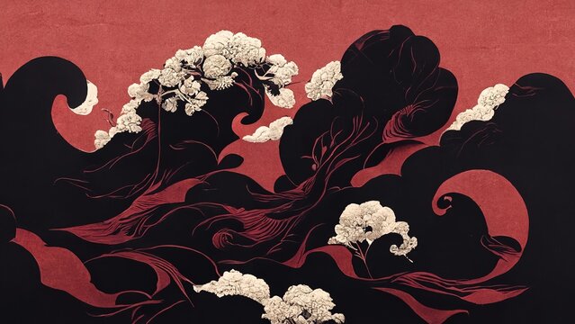 Abstract chinese, japanese ink calligraphy painting. Black and red abstract illustration painted with brush. Red flowers, black wave, cherry blossom on chinese paper. 4K background, wallpaper
