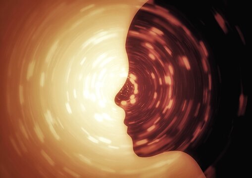 人の横顔シルエットと回転する光のイラスト