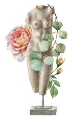 Watercolor Greek classical sculpture of a female body, in flowers, butanes, rose leaves and eucalyptus branches. Vintage dark academy, hand drawn on a white background.