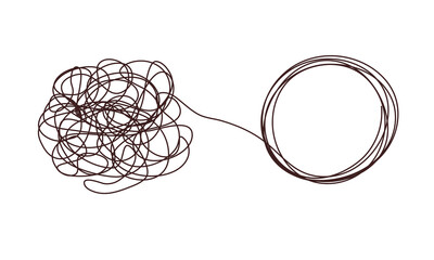 Tangle chaos, psychoterapy concept. Business design in one line, order theory. Doodle graphic spiral solution. Vector object isolated on white background