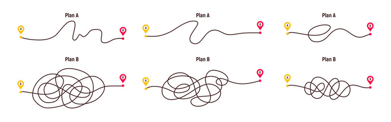 Obraz premium Difficult way, chaos path from point A to B. Complex chaos simplifying concept. Easy simple way. Vector illustration
