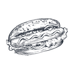 Hand drawn vector illustration of hot dog in sketch style. Traditional fast food dish.