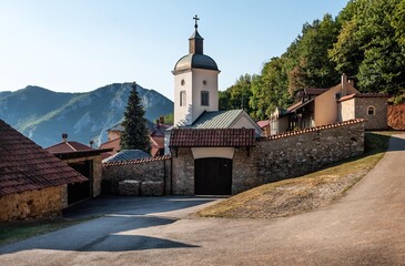 Fototapeta premium Orthodox Christian Monastery. Serbian Orthodox Monastery of National Meeting (Manastir Sretenje). 13th century monastery located on Ovcar Mountain, Serbia, Europe