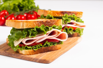 Close-up photo of an American club sandwich. Fast food concept. 