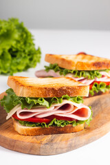 Close-up photo of an American club sandwich. Fast food concept. 