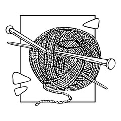 Ball of wool with knitting needles monochrome hand-drawn vector illustration. Needlework concept for logo design, coloring page