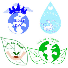 Collection of green ecology concept, happy earth day, love ocean, save the planet and think green. For environment protection. Bundle of decorative design elements. Flat cartoon colorful vector illust