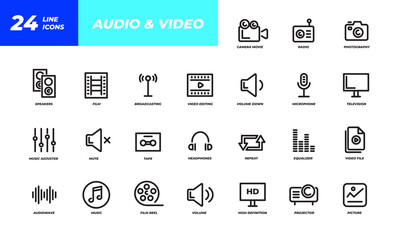 Audio Video Icons Pack. Audio and Video icon set - stock vector.