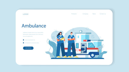 Ambulance web banner or landing page. Emergency doctor