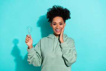 Portrait of crazy minded lady hand touch cheek hold light bulb isolated on bright emerald color...