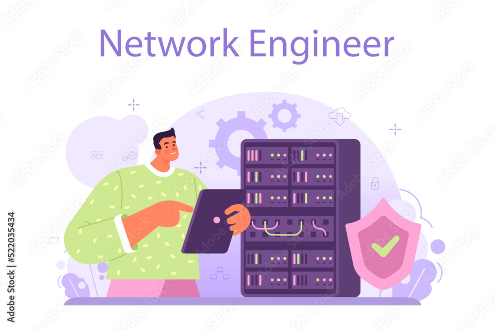 Poster network engineer concept. specialist setting up, developing