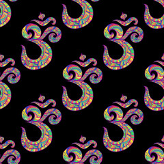 Colorful hippie seamless pattern with Om symbols with many ornaments, isolated on black background. Psychedelic ethnic texture with Aum. Vector hand drawn illustration