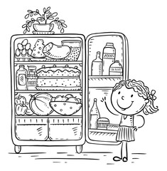 Line drawing of a cartoon kid and fridge with food, healthy eating or cooking concept, drawing, outline clipart