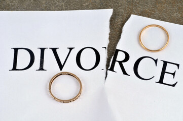 Concept de divorce avec une feuille de papier déchirée et des alliances