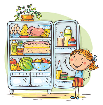 Cartoon Kid And Fridge With Food, Healthy Eating Or Cooking Concept, Drawing, Colorful Clipart