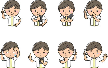 男性　男の子　スマートフォン　仕事　笑顔　困り顔　喜怒哀楽　上半身