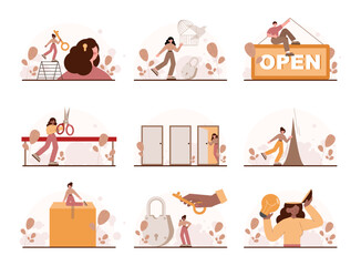 Opening concept. Character open something new. Path to the future