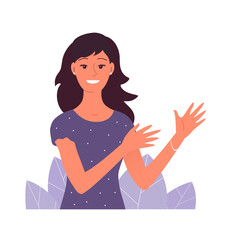 Young woman presenting information. Smile on your face. Gesture and speak. Business consultant girl. Training course, webinar and presentation. Flat vector illustration isolated on white background