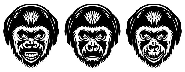 Monkey head template set with headphones and different emotions. Vector monochrome illustration