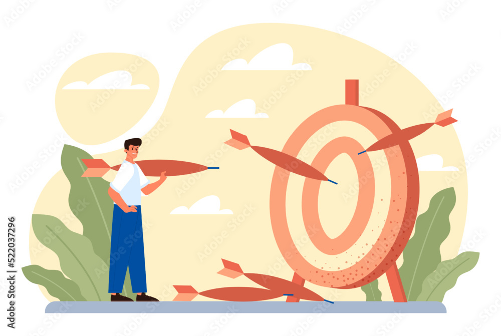 Poster target concept set. ambitious characters aiming in target and shooting