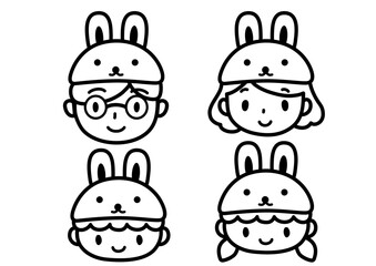うさぎの帽子をかぶった家族のイラスト　単色　顔のみ