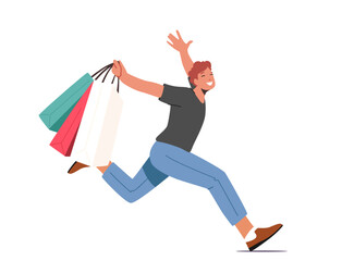 Cheerful Man with Shopping Bags and Purchases Running. Smiling and laughing Male Characters with Paper Packings