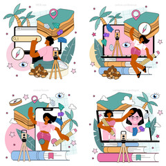 Obraz premium Geology online service or platform set. Scientist study structure, evolution