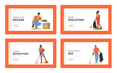 People Collecting Trash on Sea Beach Landing Page Template Set. Garbage Pollution, Ecology and Earth Protection