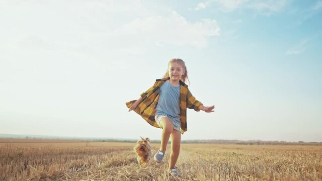 girl and dog running. people in the park. little girl child running across a mowed wheat field with a pet dog happy smiling. happy family kid concept. child girl run the park with dream a dog