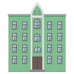 Obraz premium Urban tenement green house with brown elements, flat vector, isolated on white background