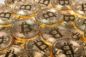 Bitcoin BTC Cryptocurrency Coins. Golden Coin for blockchain technology