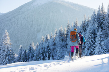Fototapeta na wymiar Two women walk in snowshoes on the mountain trail