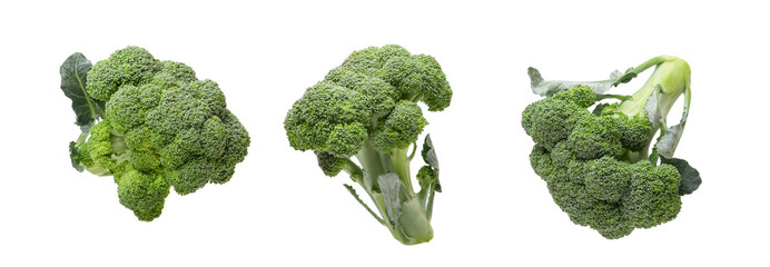 pieces of broccoli levitating on a white isolated background