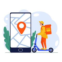 Concept of food fast delivery. Courier on scooter with backpack. Smartphone screen with navigation. Delivery address. Online shopping. Vector cartoon flat illustration 