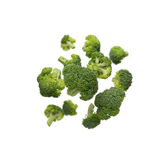 pieces of broccoli levitating on a white isolated background