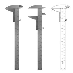Metal vernier caliper set, outline drawing vector illustration.