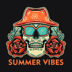 Skull Summer Vibes Retro Vector Illustration