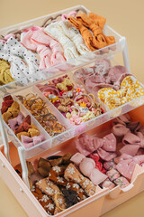 Organizer with fashion hair bows, hairpins and hair elastics. Organizing and Storage Ideas. Baby Girl hair accessory. Hairstyles for girls with bows. Close up