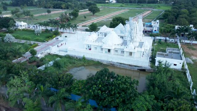 Tirupati, Sri Brahmrishi Ashram, India 8th August 2022: A drone shot of a beautiful Indian Hindu temple. Devi Devta. Indian Gods. Laxmi Narayan and Jain temple side by side. 
