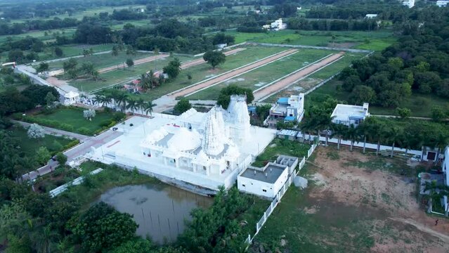 Tirupati, Sri Brahmrishi Ashram, India 8th August 2022: A drone shot of a beautiful Indian Hindu temple. Devi Devta. Indian Gods. Laxmi Narayan and Jain temple side by side. 