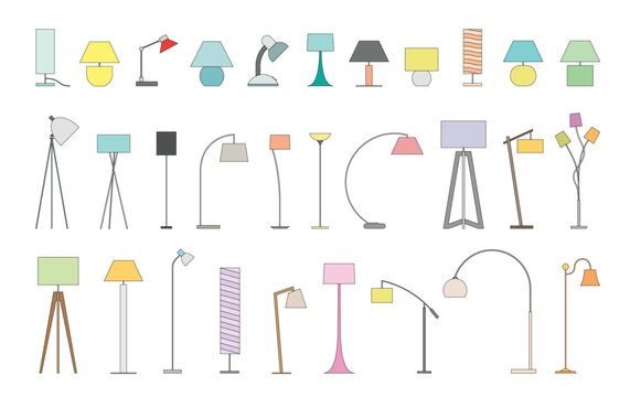 Variety of lamps for home and office. Collection of lamp icons, vector stock illustration.