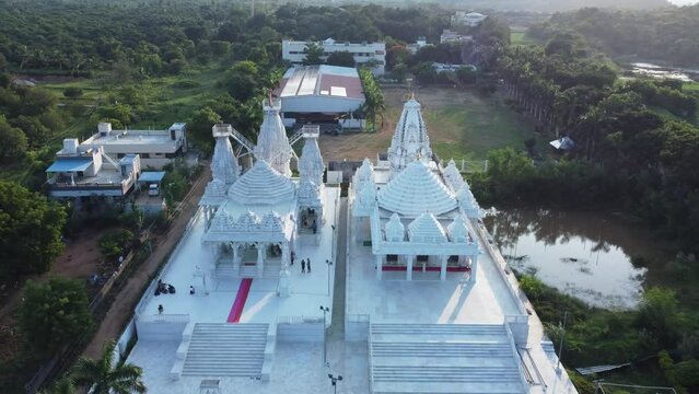 Tirupati, Sri Brahmrishi Ashram, India 8th August 2022: A drone shot of a beautiful Indian Hindu temple. Devi Devta. Indian Gods. Laxmi Narayan and Jain temple side by side. 