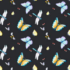 Grassland insects watercolor illustration seamless pattern on dark.