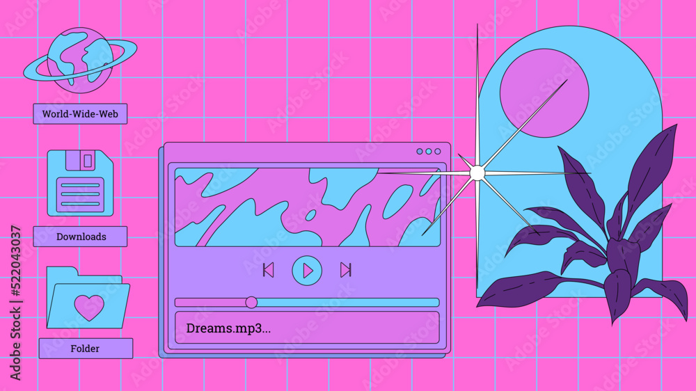 Poster Vaporwave retro desktop with user interface elements. Modern anime illustrations in nostalgic colorful style of the 80s and 90s.