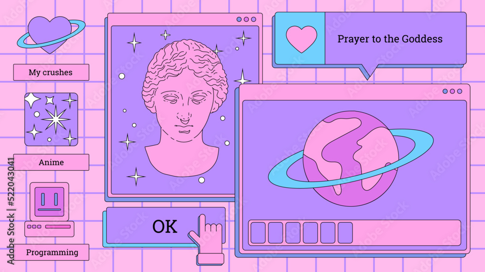 Poster Vaporwave retro desktop with user interface elements. Vintage comics illustrations in nostalgic colorful style of the 80s and 90s.