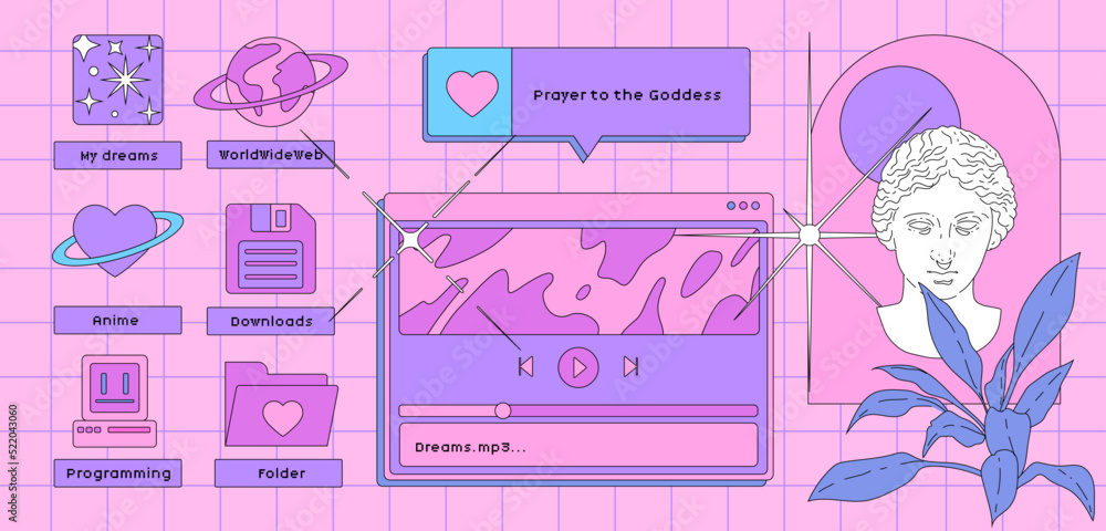 Poster Vaporwave retro desktop with user interface elements. Vintage comics illustrations in nostalgic colorful style of the 80s and 90s.