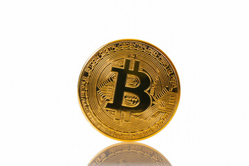 Bitcoin BTC Cryptocurrency Coins with over white background. Golden Coin for blockchain technology